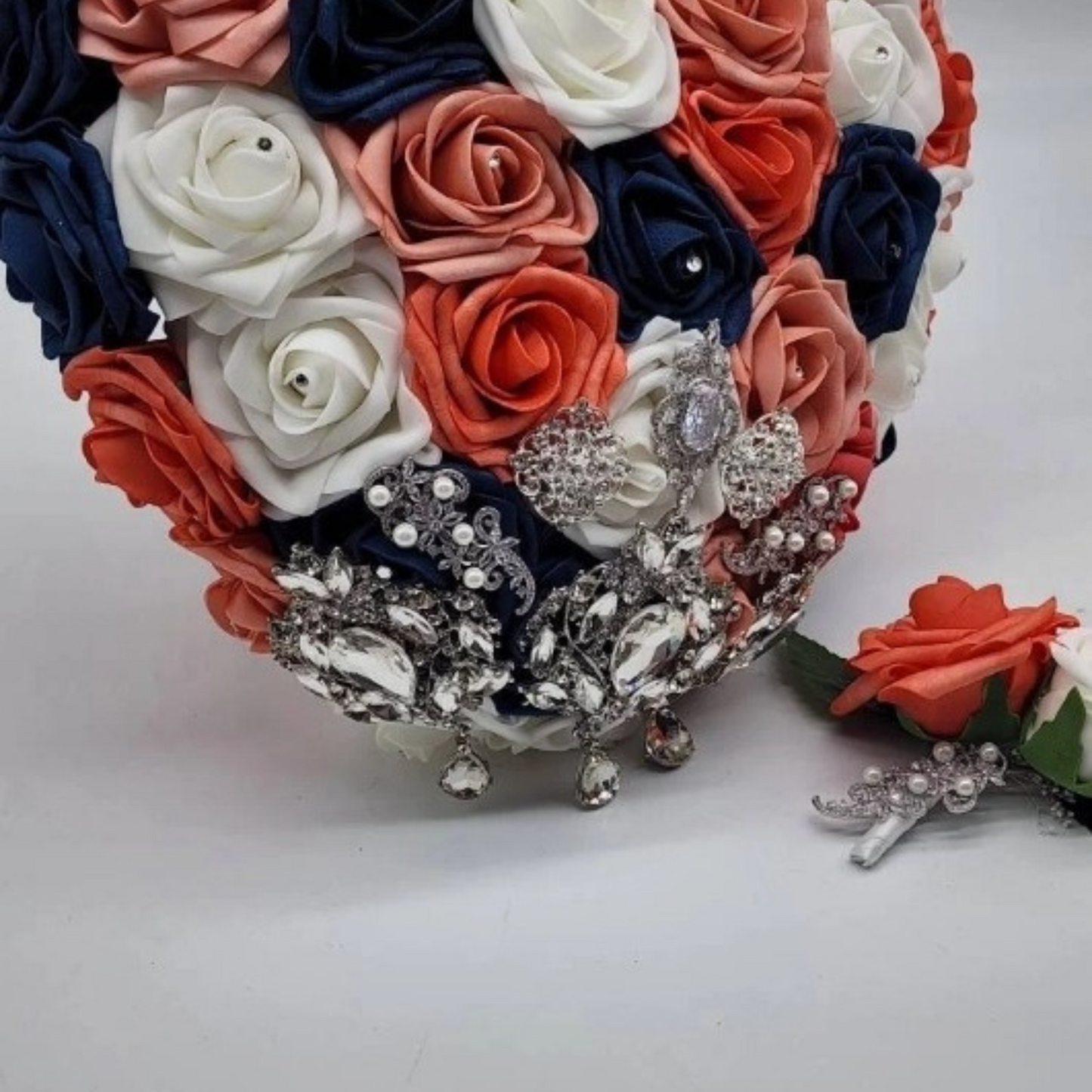 Heart Shaped Bridal Bouquet in Navy, Coral, and White
