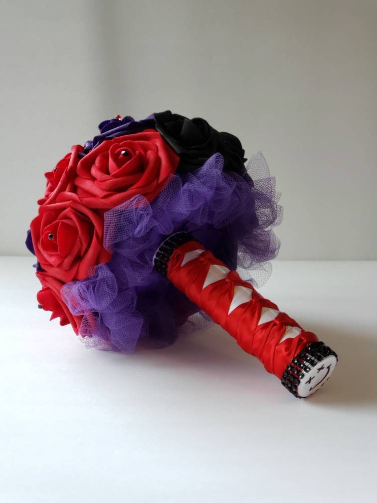 Red, Black, And Purple Wedding Bouquet, Comic And Supervillian Bouquet, Geek Themed Wedding, Matching Corsage And Boutonnieres Available