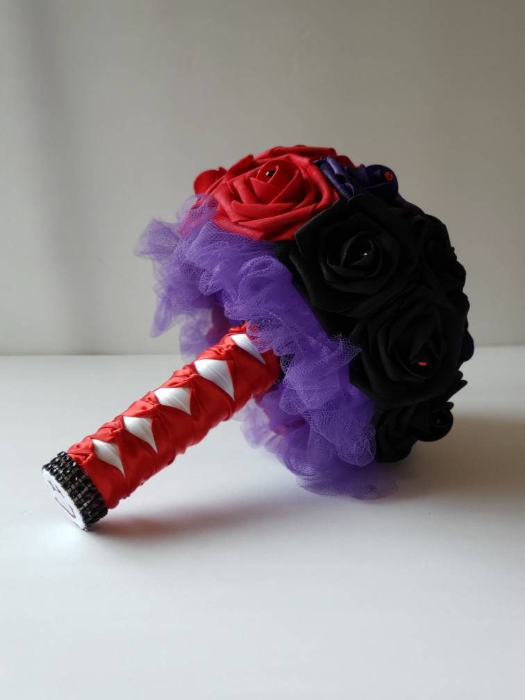 Red, Black, And Purple Wedding Bouquet, Comic And Supervillian Bouquet, Geek Themed Wedding, Matching Corsage And Boutonnieres Available