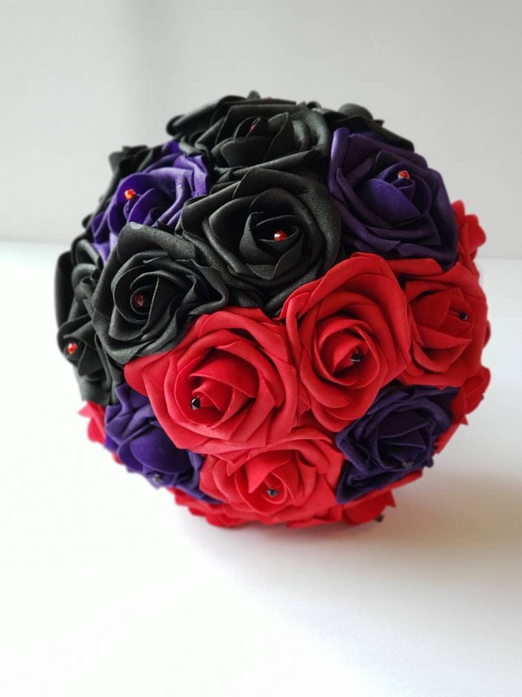 Red, Black, And Purple Wedding Bouquet, Comic And Supervillian Bouquet, Geek Themed Wedding, Matching Corsage And Boutonnieres Available