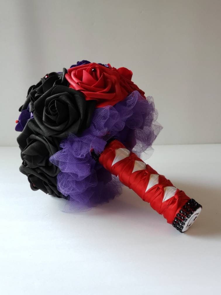 Red, Black, And Purple Wedding Bouquet, Comic And Supervillian Bouquet, Geek Themed Wedding, Matching Corsage And Boutonnieres Available