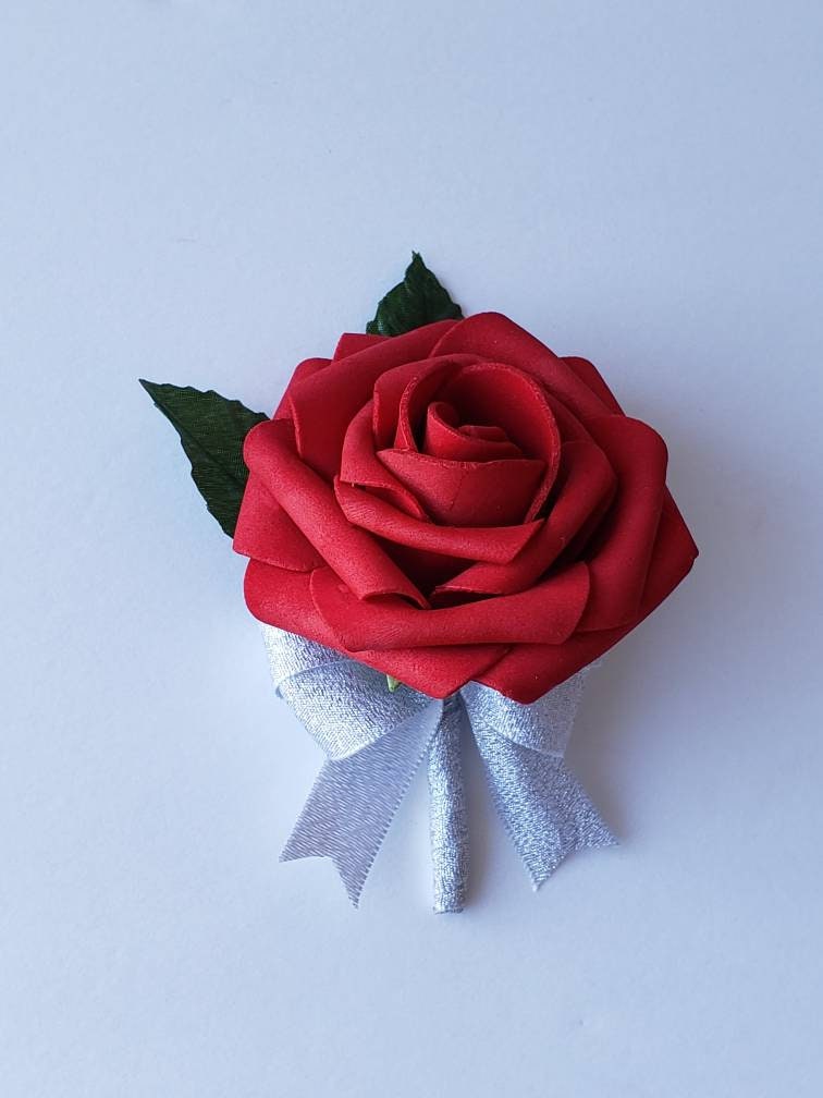 Red And Silver Boutonnieres And Corsages, Available In 27 Colors, Corsages Available In Pin On And Wrist, Matching Bouquets Available