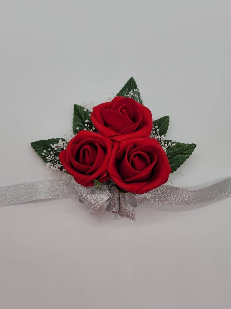 Red And Silver Boutonnieres And Corsages, Available In 27 Colors, Corsages Available In Pin On And Wrist, Matching Bouquets Available