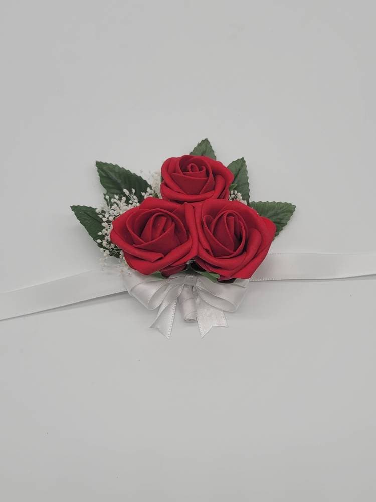 Red And White Boutonnieres And Corsages, Available In 27 Colors, Corsages Available In Pin On And Wrist, Matching Bouquets Available