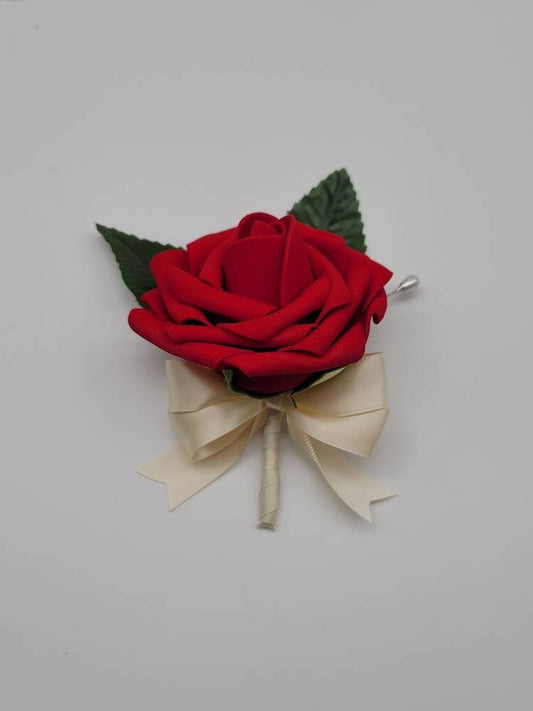 Red And Ivory Boutonnieres And Corsages, Available In 27 Colors, Corsages Available In Pin On And Wrist, Matching Bouquets Available