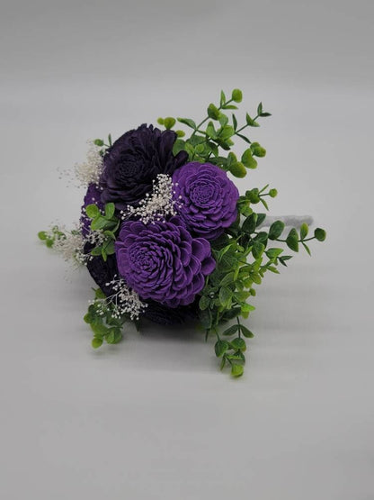 Dark Purple And Lavender Sola Wood Flower Wedding Bouquet with Frosted Eucalyptus Greenery & Burlap Ribbon,Bridal Bouquet,Bridesmaid Bouquet