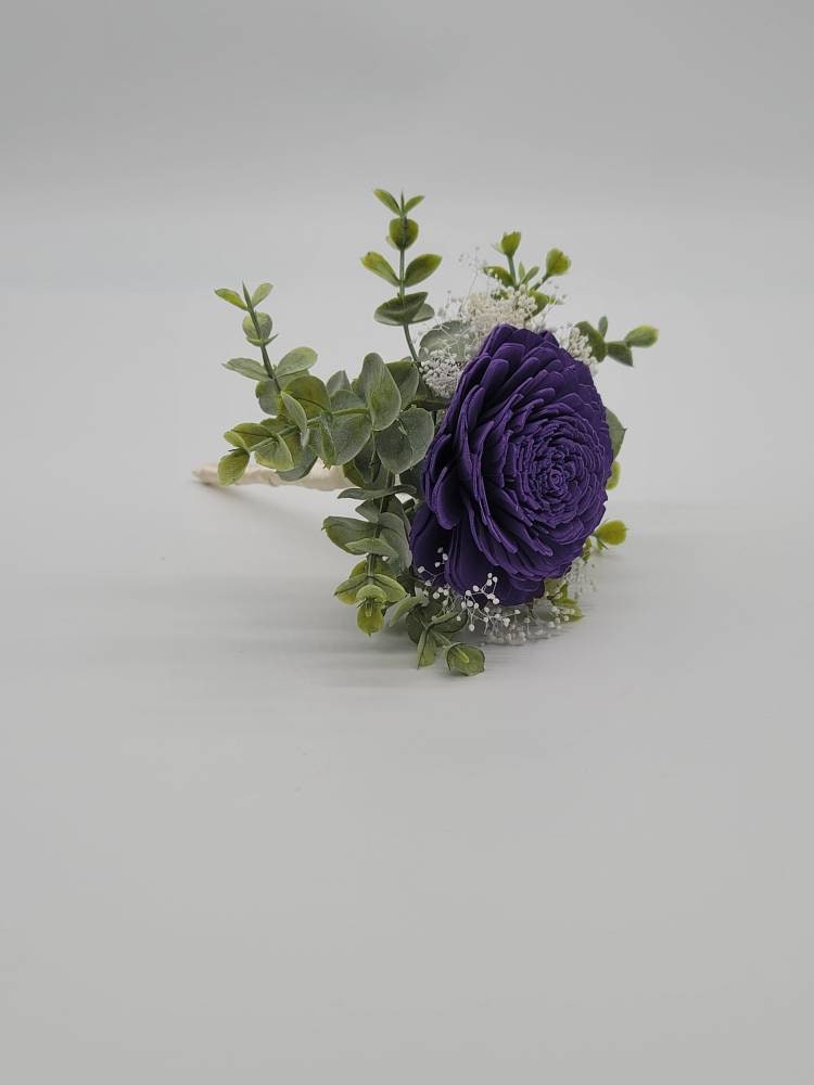 Dark Purple And Lavender Sola Wood Flower Wedding Bouquet with Frosted Eucalyptus Greenery & Burlap Ribbon,Bridal Bouquet,Bridesmaid Bouquet