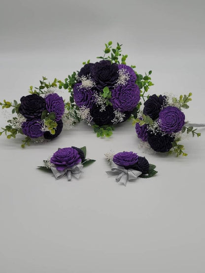 Dark Purple And Lavender Sola Wood Flower Wedding Bouquet with Frosted Eucalyptus Greenery & Burlap Ribbon,Bridal Bouquet,Bridesmaid Bouquet