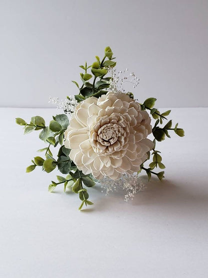 Navy Blue & White Sola Wood Flower Wedding Bouquet with Frosted Eucalyptus Greenery, Bridal Bouquet, Bridesmaid Bouquet