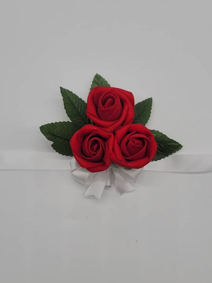 Red And White Boutonnieres And Corsages, Available In 27 Colors, Corsages Available In Pin On And Wrist, Matching Bouquets Available