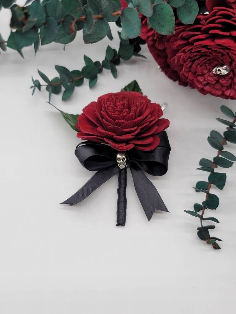 Skull red and black Sola Wood Boutonnieres and corsages, Gothic, Halloween, 22 Flower Colors Available,Matching Bouquets Available