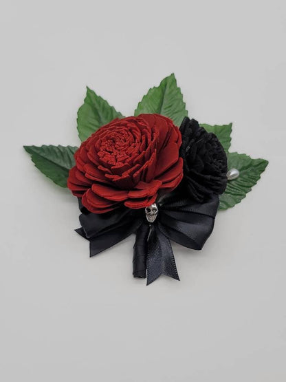 Skull red and black Sola Wood Boutonnieres and corsages, Gothic, Halloween, 22 Flower Colors Available,Matching Bouquets Available