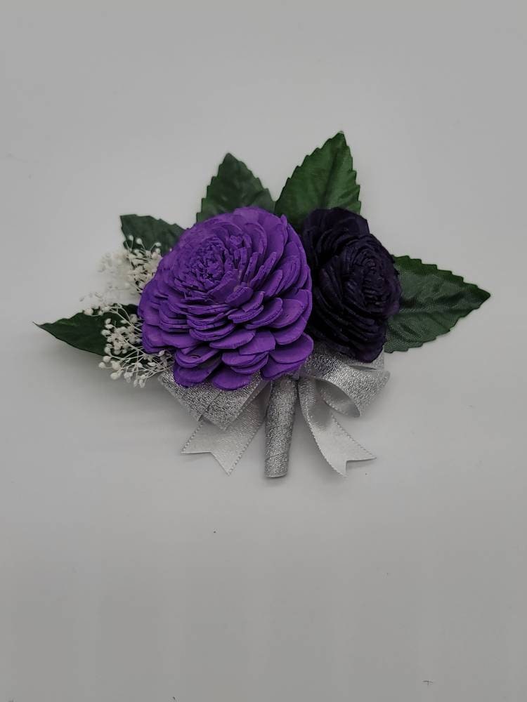 Dark Purple And Lavender Sola Wood Flower Wedding Bouquet with Frosted Eucalyptus Greenery & Burlap Ribbon,Bridal Bouquet,Bridesmaid Bouquet