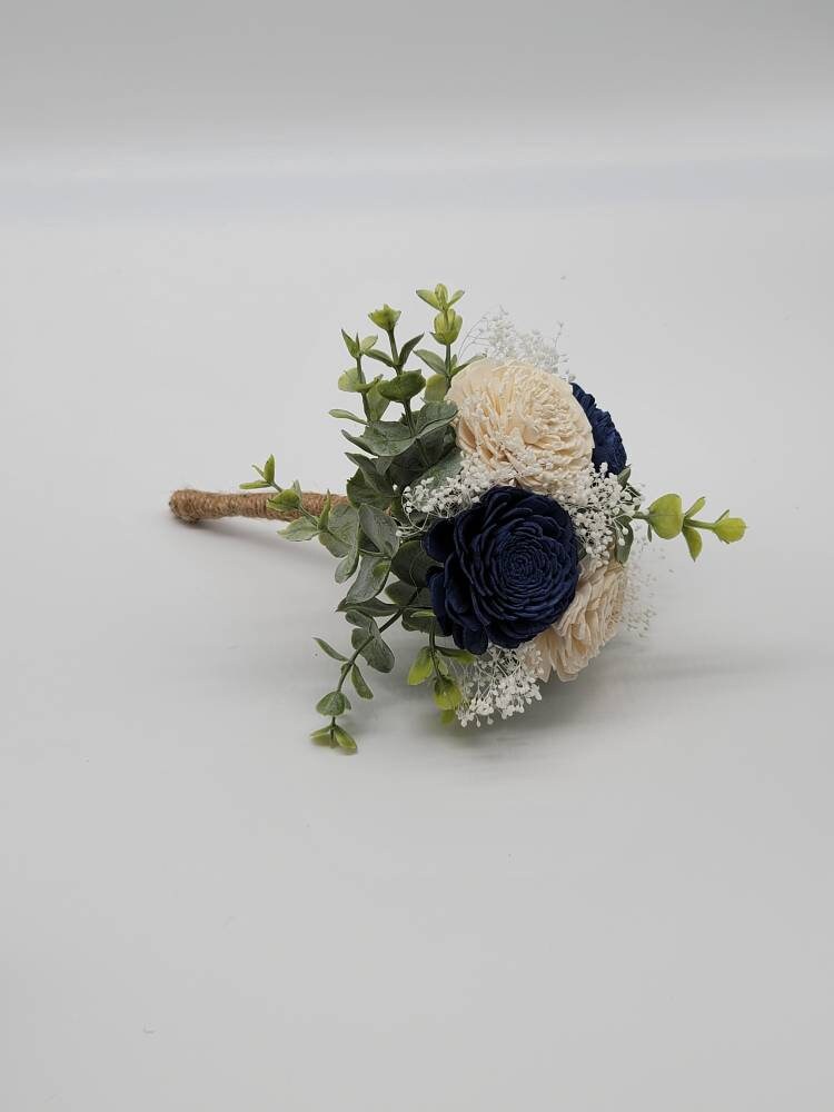 Navy Blue & White Sola Wood Flower Wedding Bouquet with Frosted Eucalyptus Greenery, Bridal Bouquet, Bridesmaid Bouquet