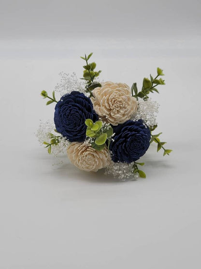 Navy Blue & White Sola Wood Flower Wedding Bouquet with Frosted Eucalyptus Greenery, Bridal Bouquet, Bridesmaid Bouquet