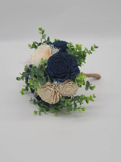 Navy Blue & White Sola Wood Flower Wedding Bouquet with Frosted Eucalyptus Greenery, Bridal Bouquet, Bridesmaid Bouquet