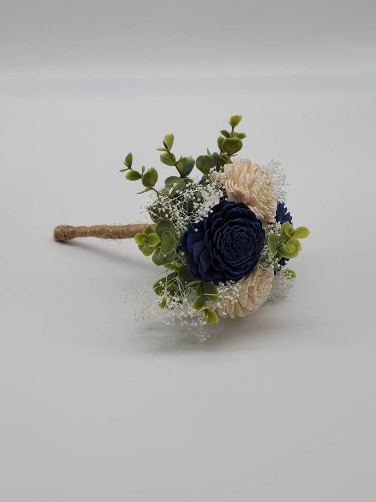 Navy Blue & White Sola Wood Flower Wedding Bouquet with Frosted Eucalyptus Greenery, Bridal Bouquet, Bridesmaid Bouquet