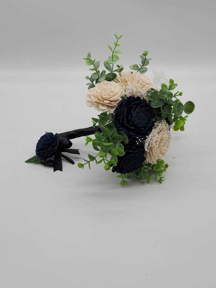 Navy Blue & White Sola Wood Flower Wedding Bouquet with Frosted Eucalyptus Greenery, Bridal Bouquet, Bridesmaid Bouquet