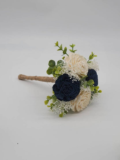 Navy Blue & White Sola Wood Flower Wedding Bouquet with Frosted Eucalyptus Greenery, Bridal Bouquet, Bridesmaid Bouquet