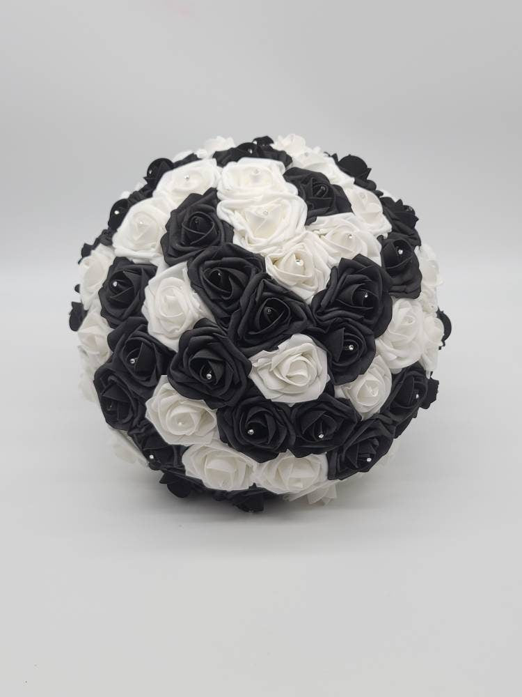 Black and White Wedding Bouquet Made With Real Touch Roses, Bridal Bouquet, Bridesmaid Bouquet and Matching Boutonnieres and Corsages