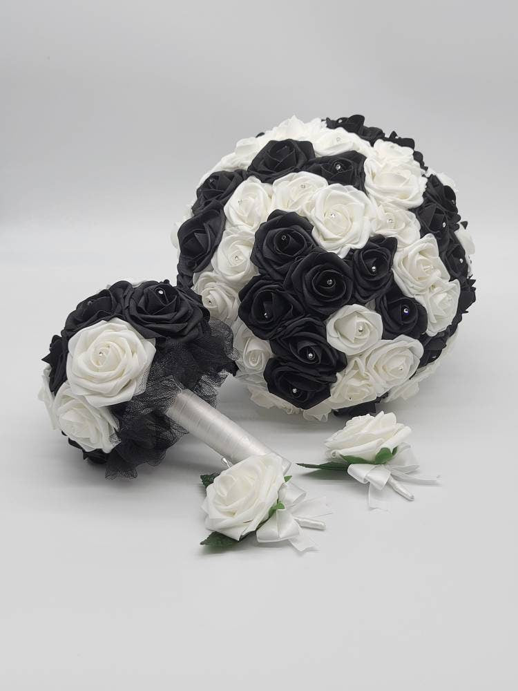 Black and White Wedding Bouquet Made With Real Touch Roses, Bridal Bouquet, Bridesmaid Bouquet and Matching Boutonnieres and Corsages