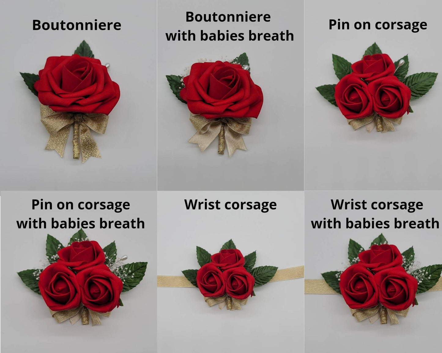 Red And White Boutonnieres And Corsages, Available In 27 Colors, Corsages Available In Pin On And Wrist, Matching Bouquets Available