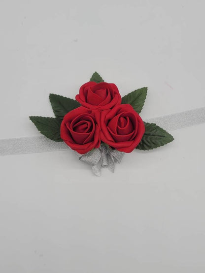 Red And Silver Boutonnieres And Corsages, Available In 27 Colors, Corsages Available In Pin On And Wrist, Matching Bouquets Available