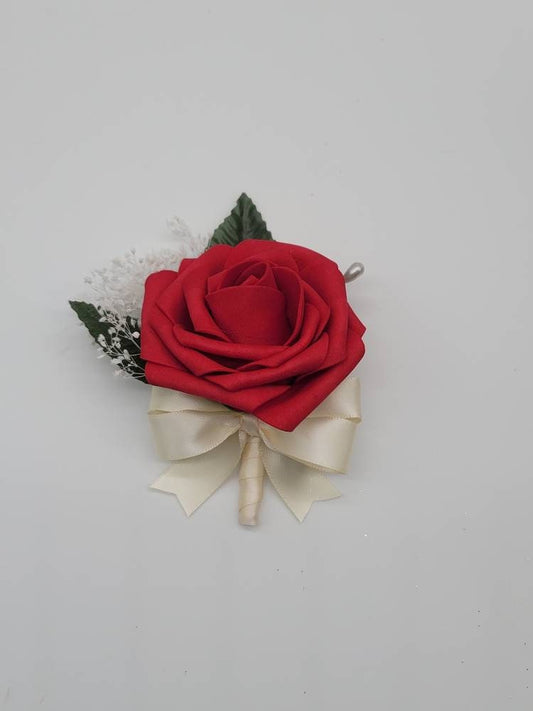 Red And Ivory Boutonnieres And Corsages, Available In 27 Colors, Corsages Available In Pin On And Wrist, Matching Bouquets Available