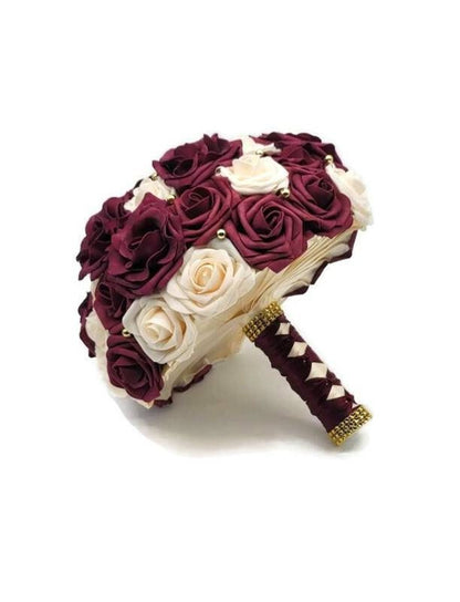 Burgundy and Cream Wedding Bouquet Made With Real Touch Roses, Bridal Bouquet, Bridesmaid Bouquet and Matching Boutonnieres and Corsages