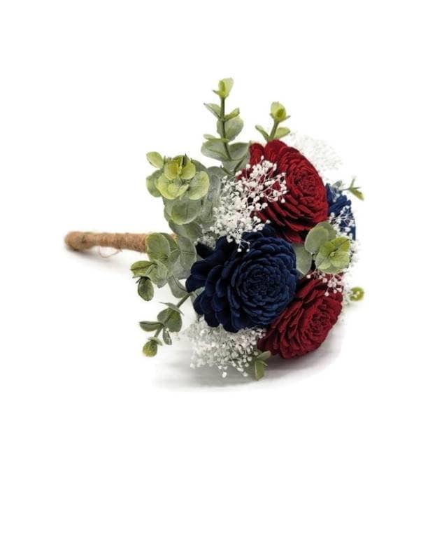 Burgundy & Navy Blue Sola Wood Flower Wedding Bouquet with Frosted Eucalyptus Greenery and Burlap Ribbon, Bridal Bouquet, Bridesmaid Bouquet