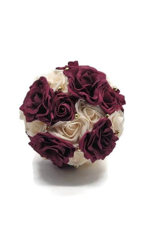 Burgundy and Cream Wedding Bouquet Made With Real Touch Roses, Bridal Bouquet, Bridesmaid Bouquet and Matching Boutonnieres and Corsages