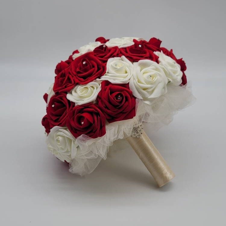 Red And Ivory Wedding Bouquet Made With Real Touch Roses