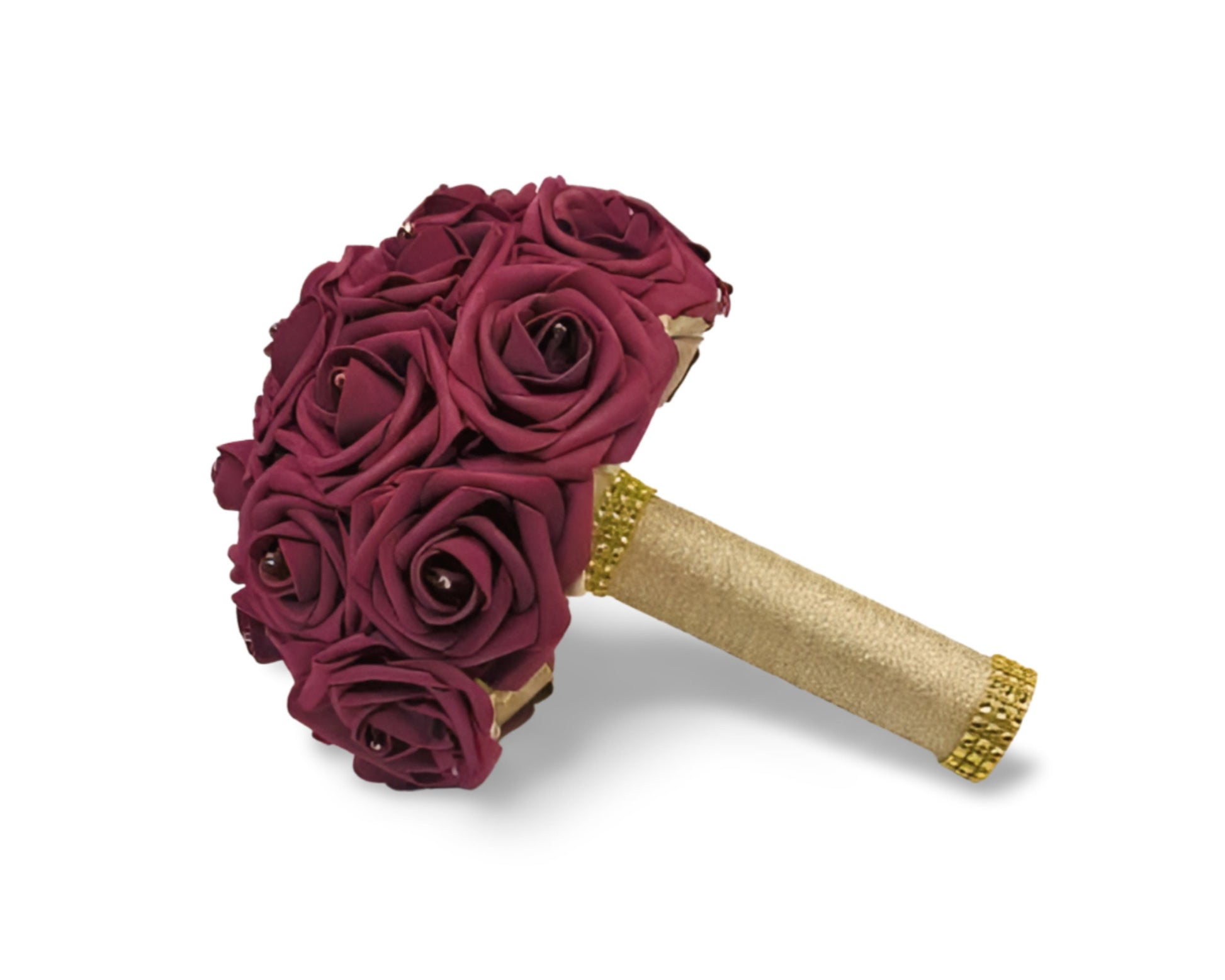 Burgundy and gold wedding bouquet.Rhinestones are in the center of every rose. Handle has gold ribbon and finished with a gold bling wrap.