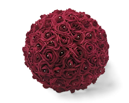 Front view of bouquet. Shows the burgundy roses, round shape, and rhinestones on all roses