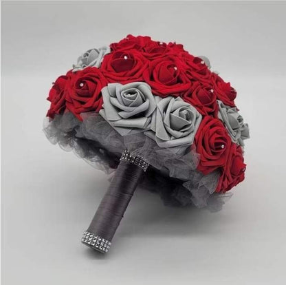 Red And Gray Wedding Bouquet Made with Real Touch Roses.