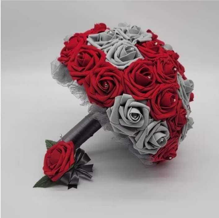 Red And Gray Wedding Bouquet Made with Real Touch Roses. Picture of a red boutonniere with gray ribbon. 