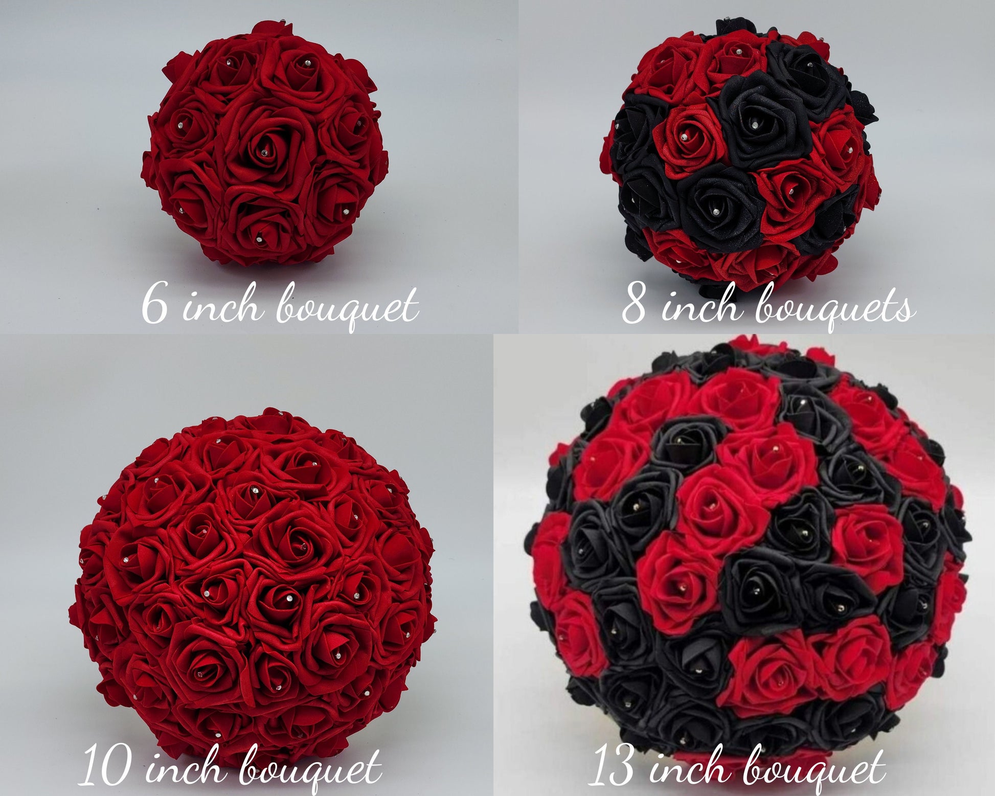 Shows all 4 size bouquets. 6,8,10,13 inch bouquets