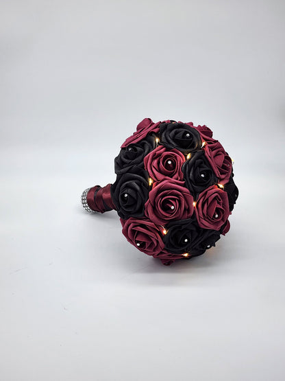 Burgundy and Black Bridal Bouquet, Fairy Lights,Night Bouquet,Light Up Bouquet, Gothic bouquet,Matching Boutonnieres,Custom Colors Available