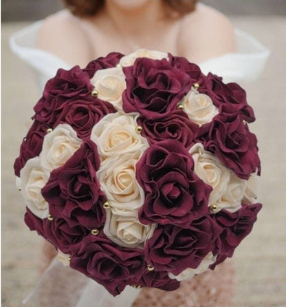 Burgundy and Cream Wedding Bouquet Made With Real Touch Roses, Bridal Bouquet, Bridesmaid Bouquet and Matching Boutonnieres and Corsages