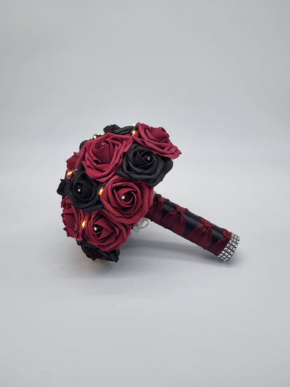 Burgundy and Black Bridal Bouquet, Fairy Lights,Night Bouquet,Light Up Bouquet, Gothic bouquet,Matching Boutonnieres,Custom Colors Available