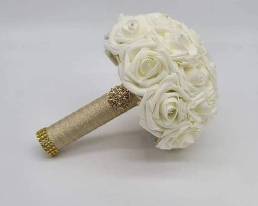 Ivory and Gold Wedding Bouquet Made With Real Touch Roses, Bridal Bouquet, Bridesmaid Bouquet and Matching Boutonnieres and Corsages