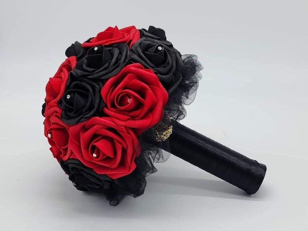 Red And Black Wedding Bouquet Made With Real Touch Roses.