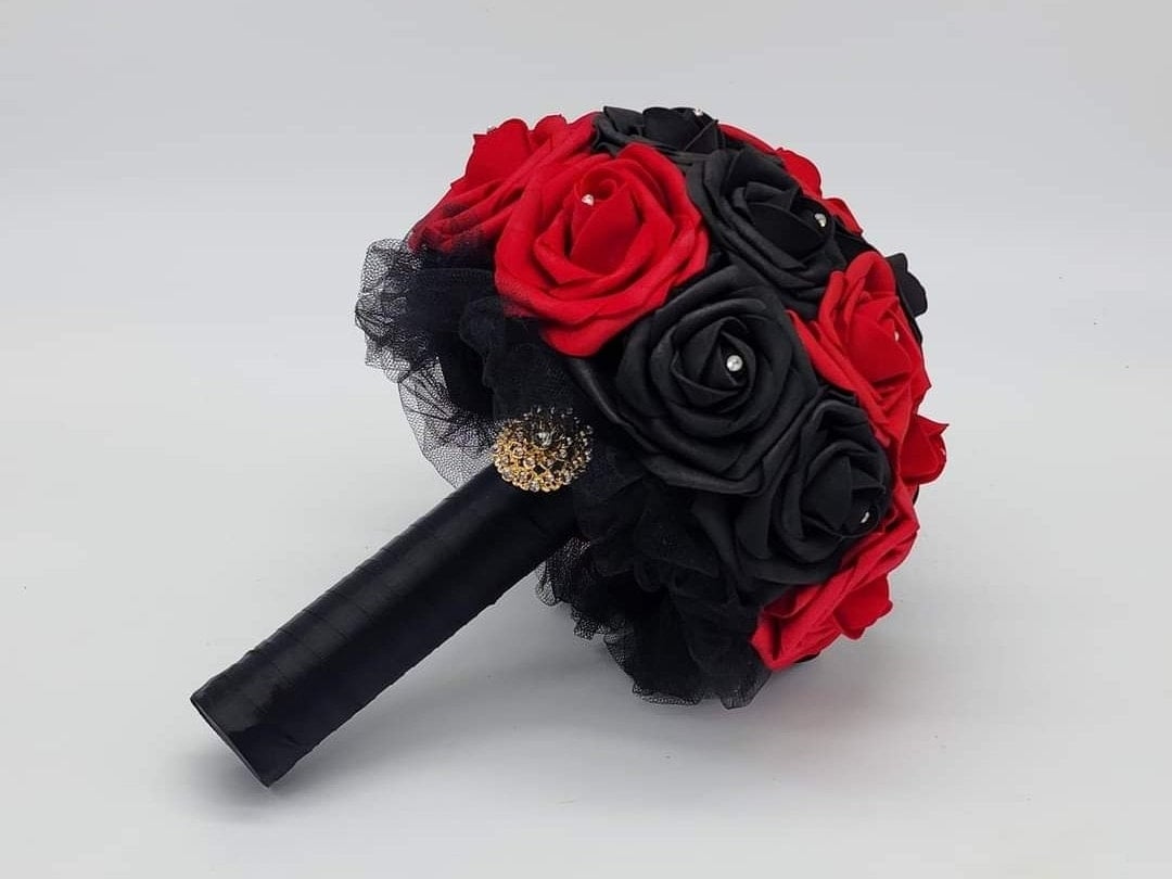 Red And Black Wedding Bouquet Made With Real Touch Roses.