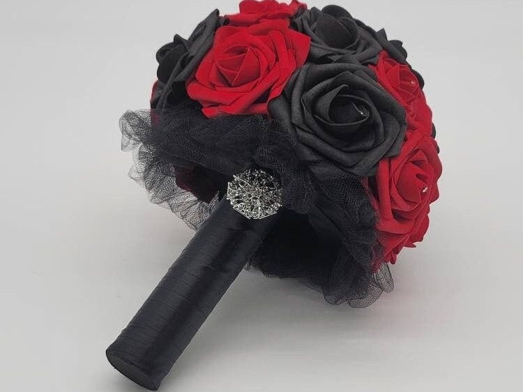 Red And Black Wedding Bouquet Made With Real Touch Roses.