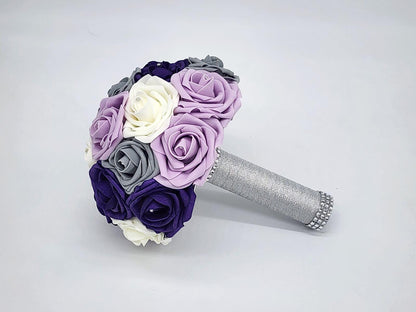 Purple, ivory, and Gray Winter Wedding Bridal Bouquet with Matching Boutonnieres and Corsages