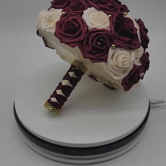 Burgundy and Cream Wedding Bouquet Made With Real Touch Roses, Bridal Bouquet, Bridesmaid Bouquet and Matching Boutonnieres and Corsages