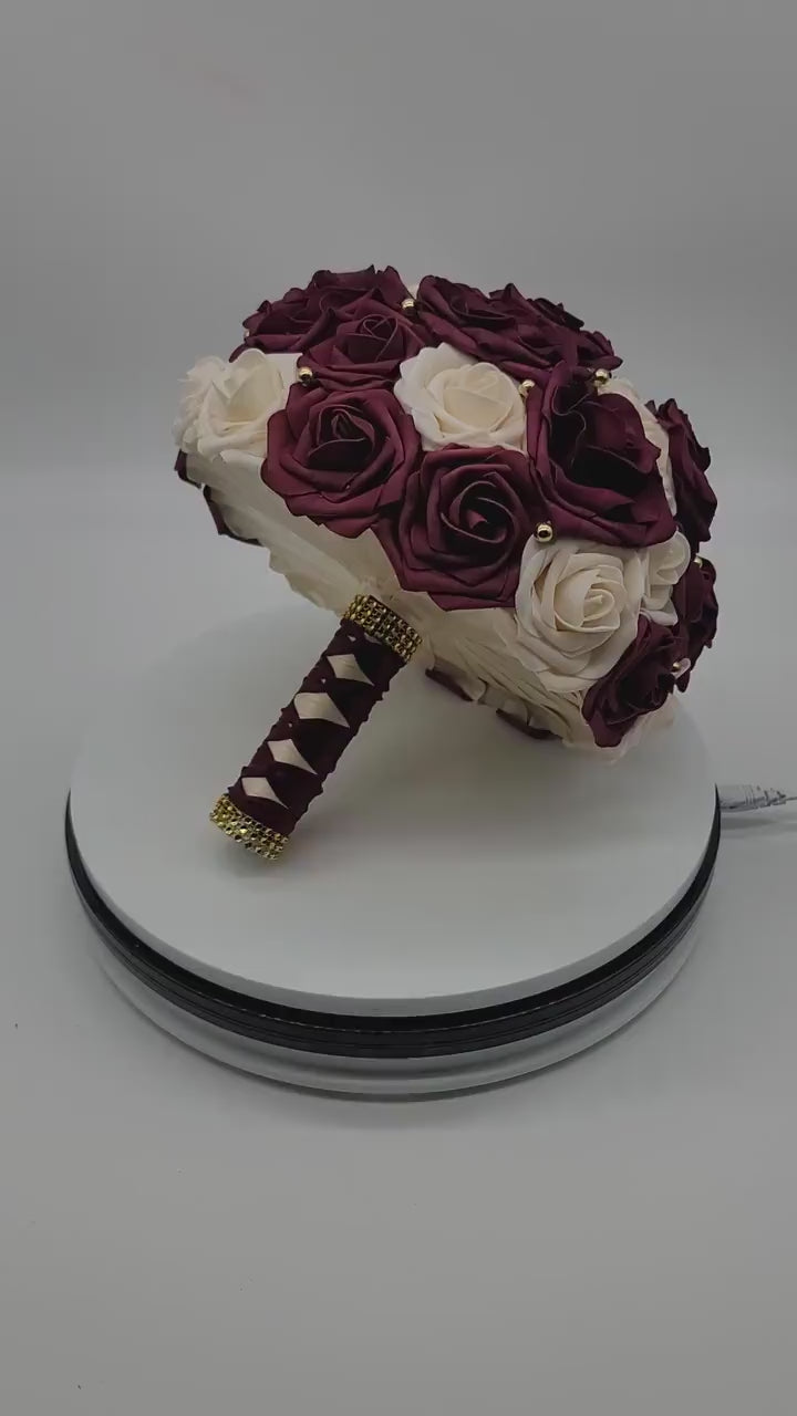 Burgundy and Cream Wedding Bouquet Made With Real Touch Roses, Bridal Bouquet, Bridesmaid Bouquet and Matching Boutonnieres and Corsages