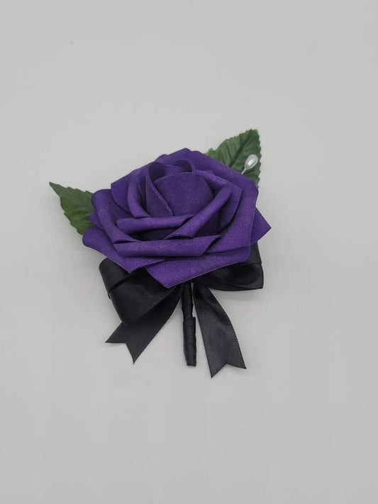 Purple and Black Boutonnieres and Corsages Made With Real Touch Roses