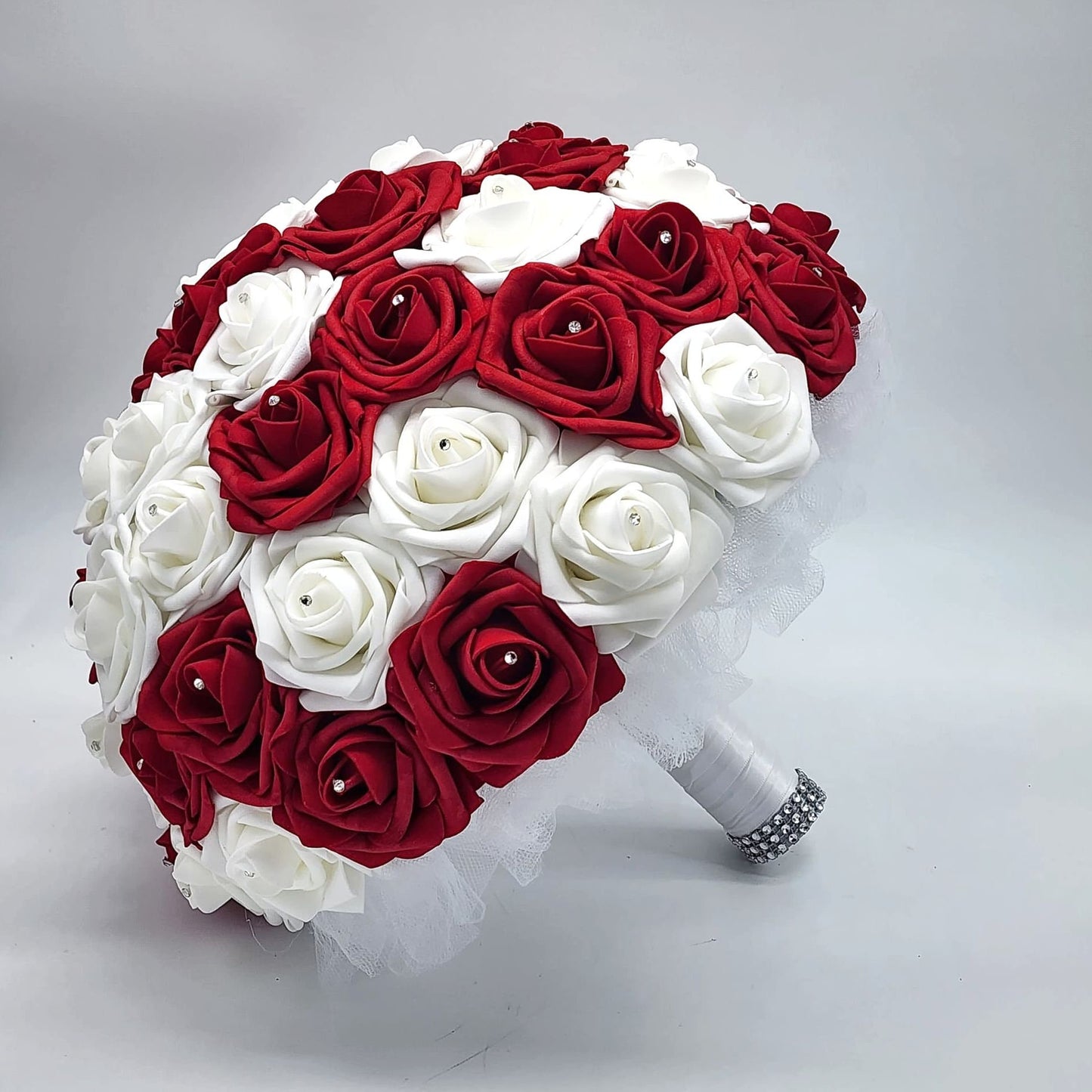 Red And White Wedding Bouquet Made With Real Touch Roses