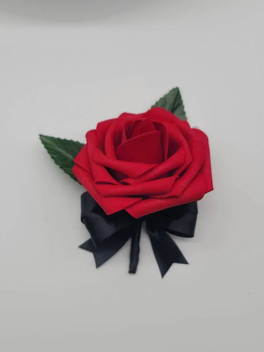 Red and Black Boutonnieres and Corsages Made With Real Touch Roses